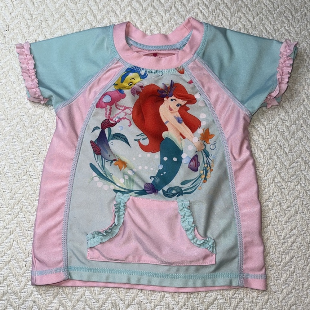 🧡2T Disney  Little Mermaid Kids Swim Shirt rash guard Pink and Blue